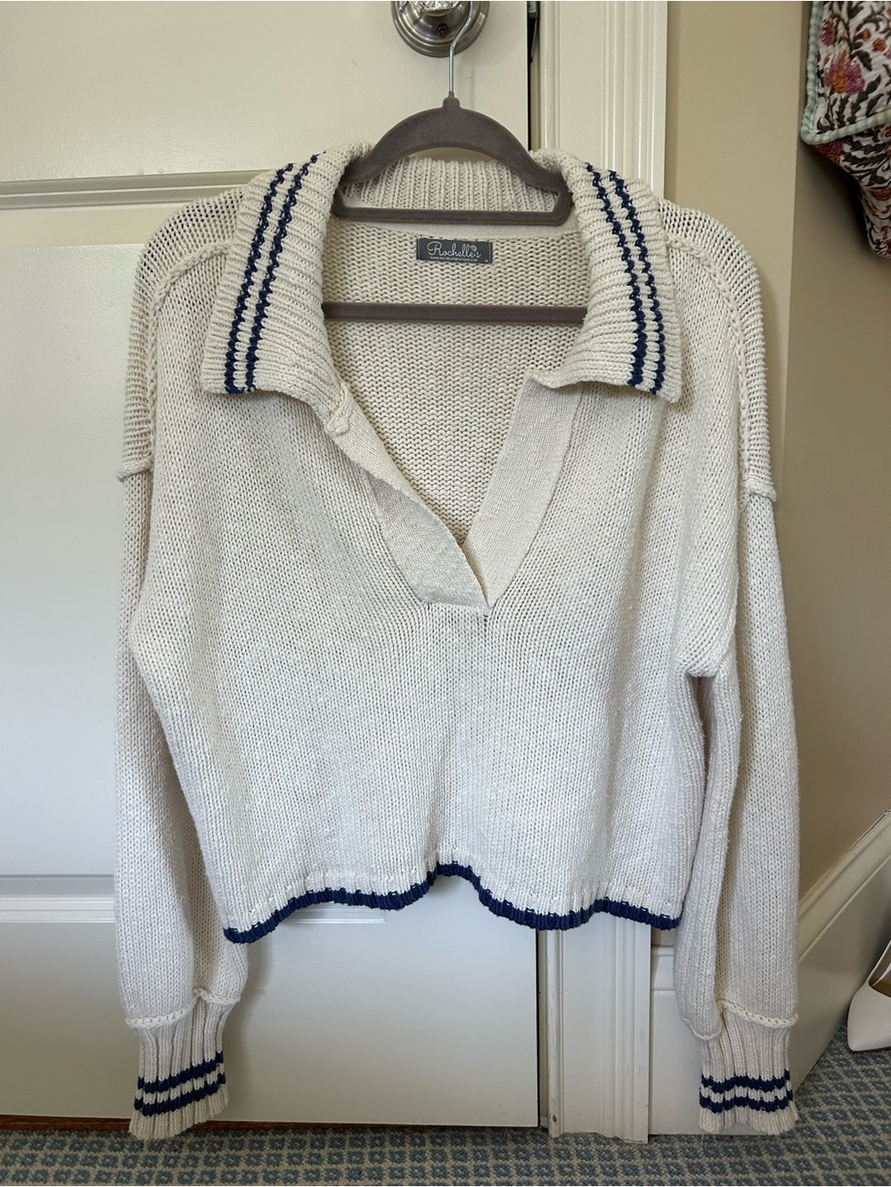 Cream V-Neck Knit Sweater with Blue Trim